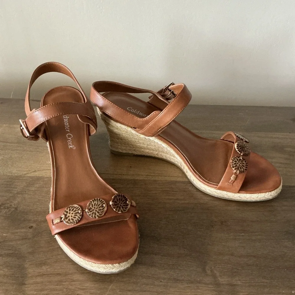 Coldwater Creek Wedge Espadrille Brown Leather Sandal Size 9